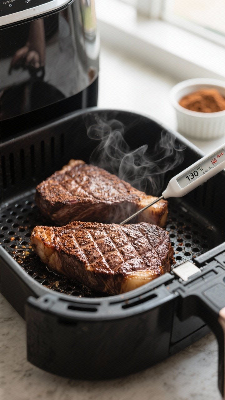 Cooking process: Air fryer basket shot with two cooked coffee-rubbed steaks mid-rest inside the open