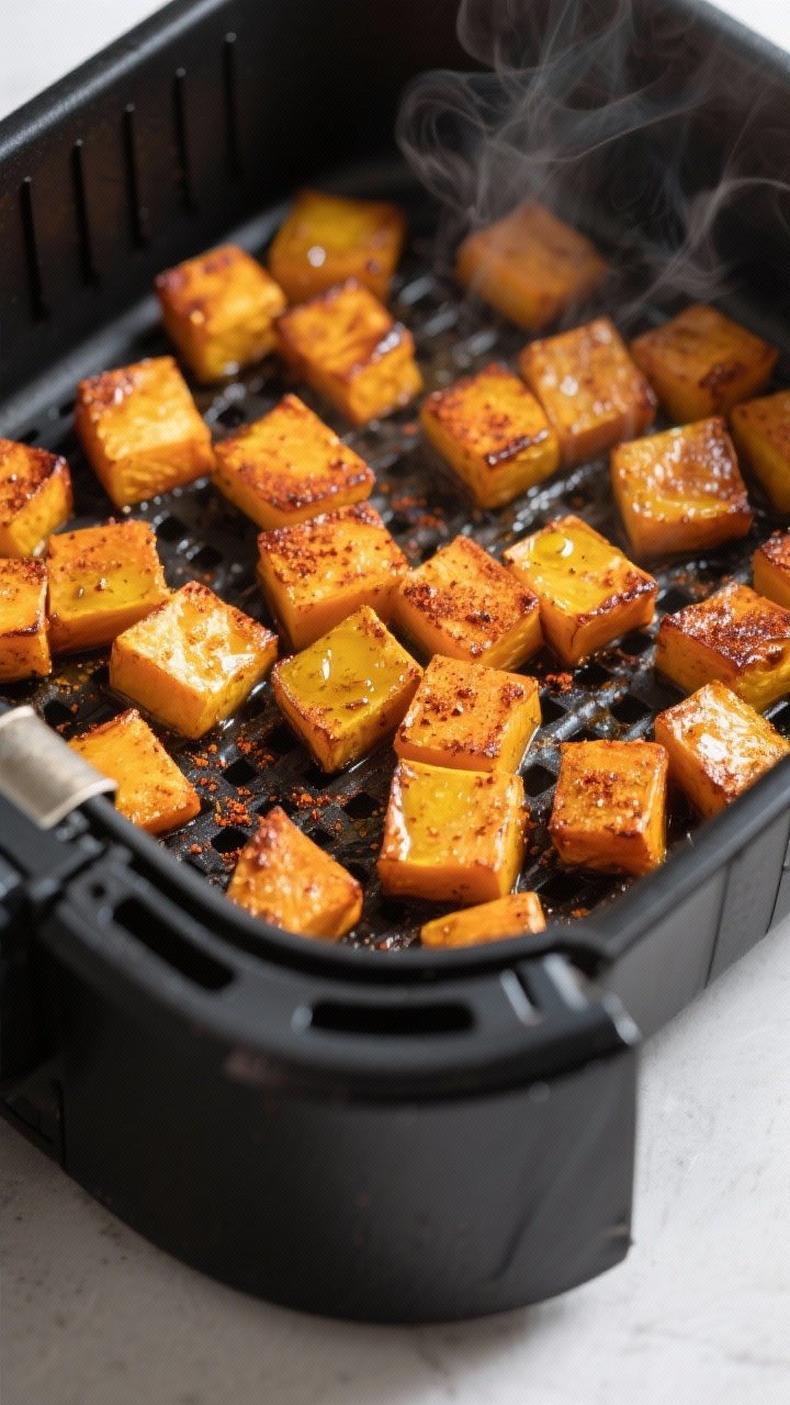 Cooking process — Air fryer basket with a single, even layer of roasted butternut squash cubes at 