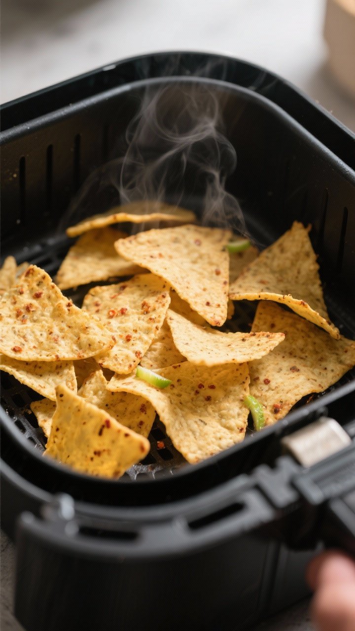 Cooking process: Air fryer basket with a single layer of golden, just-cooked tortilla chip wedges be