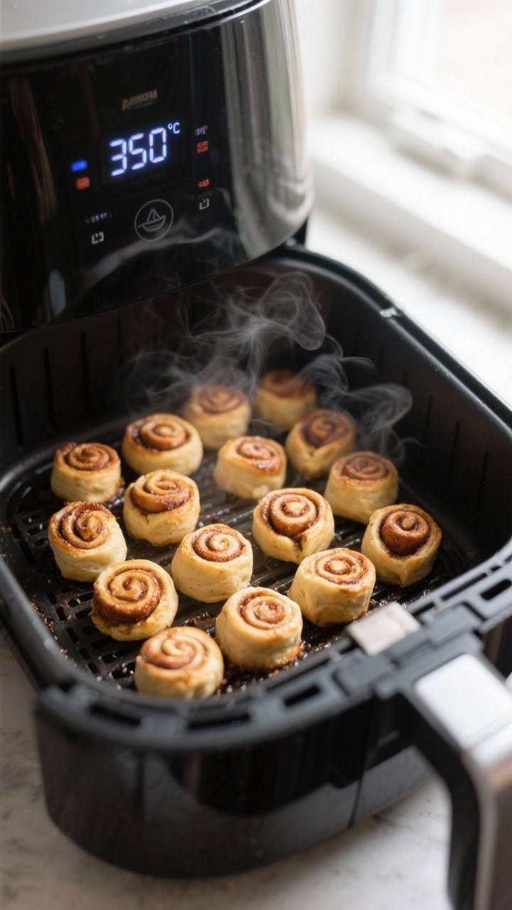 Cooking process: Air fryer basket with a single layer of evenly spaced, mid-cook cinnamon roll bites