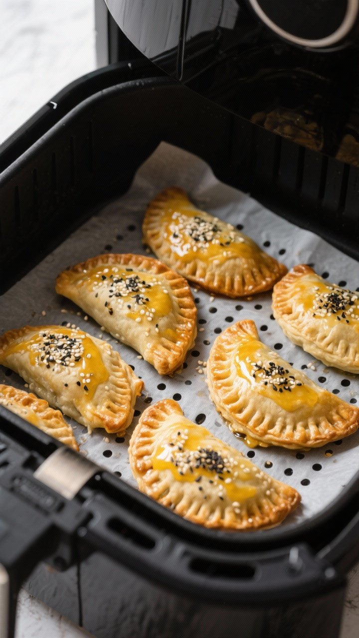 Cooking process: Air fryer basket with a single layer of formed pies brushed with egg wash, sesame a