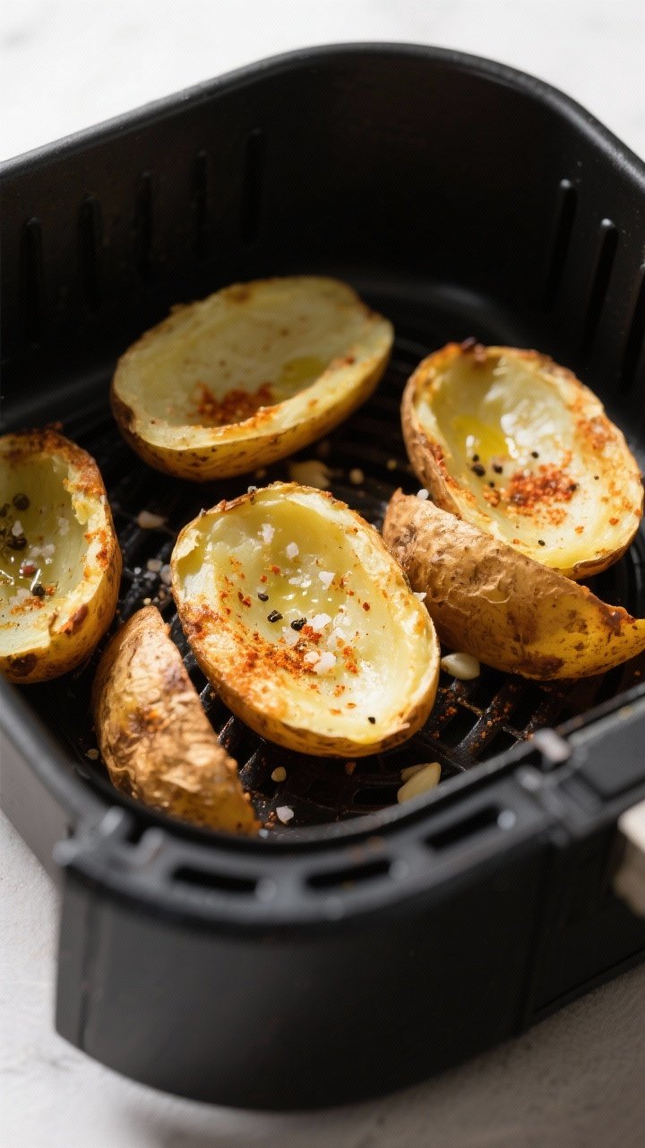 Cooking process: Air fryer basket with halved, scooped russet potato skins, cut side down, edges jus