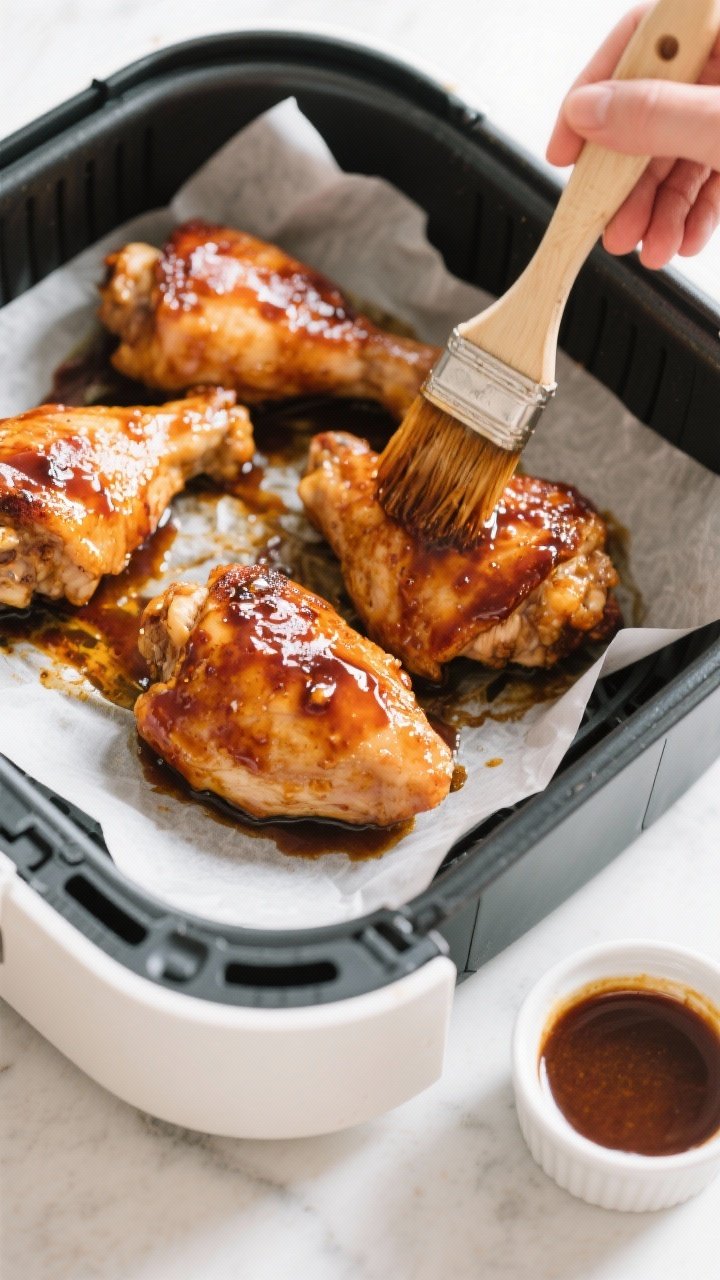 Cooking process: Air fryer basket with nearly finished chicken thighs being brushed with thick teriy