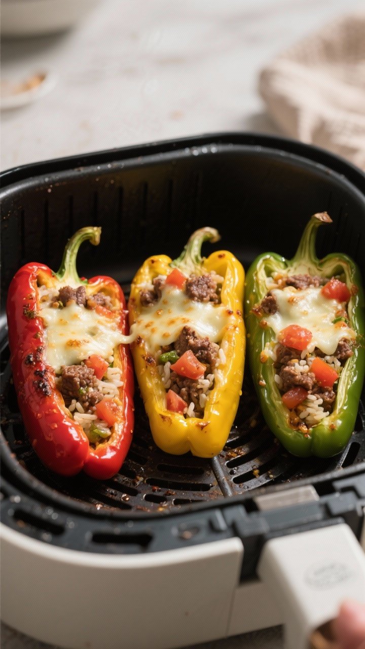 Cooking process: Air fryer basket with three upright stuffed peppers mid-cook at 360°F, cheese just