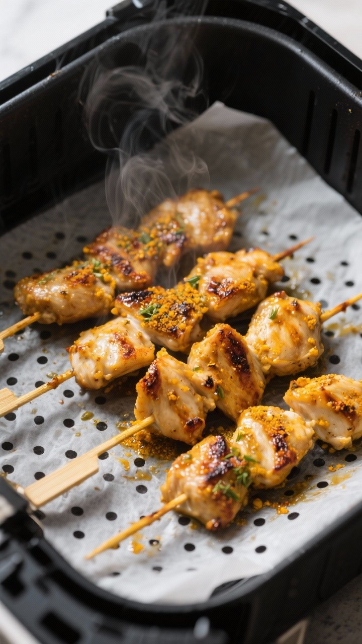 Cooking process: Air fryer chicken satay skewers midway through cooking at 375°F, golden-brown edge