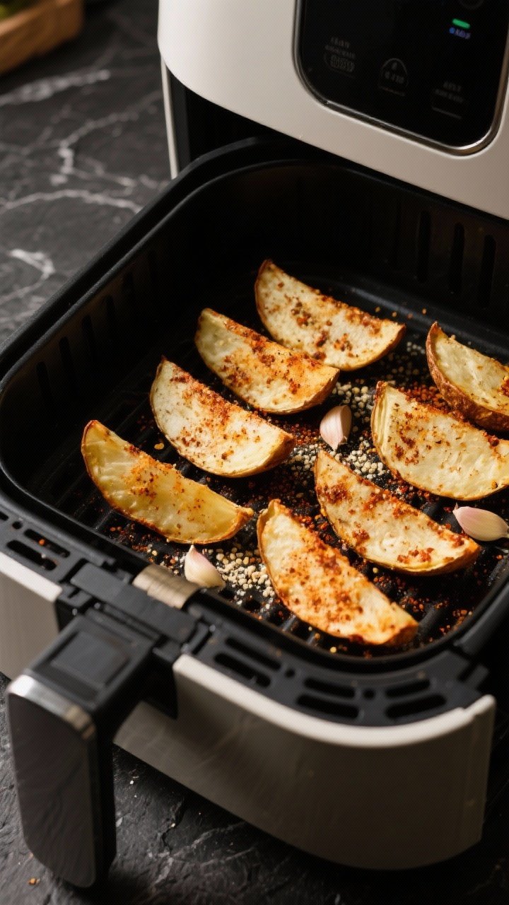 Cooking process: Air fryer drawer pulled open mid-cook showing a single-layer arrangement of seasone