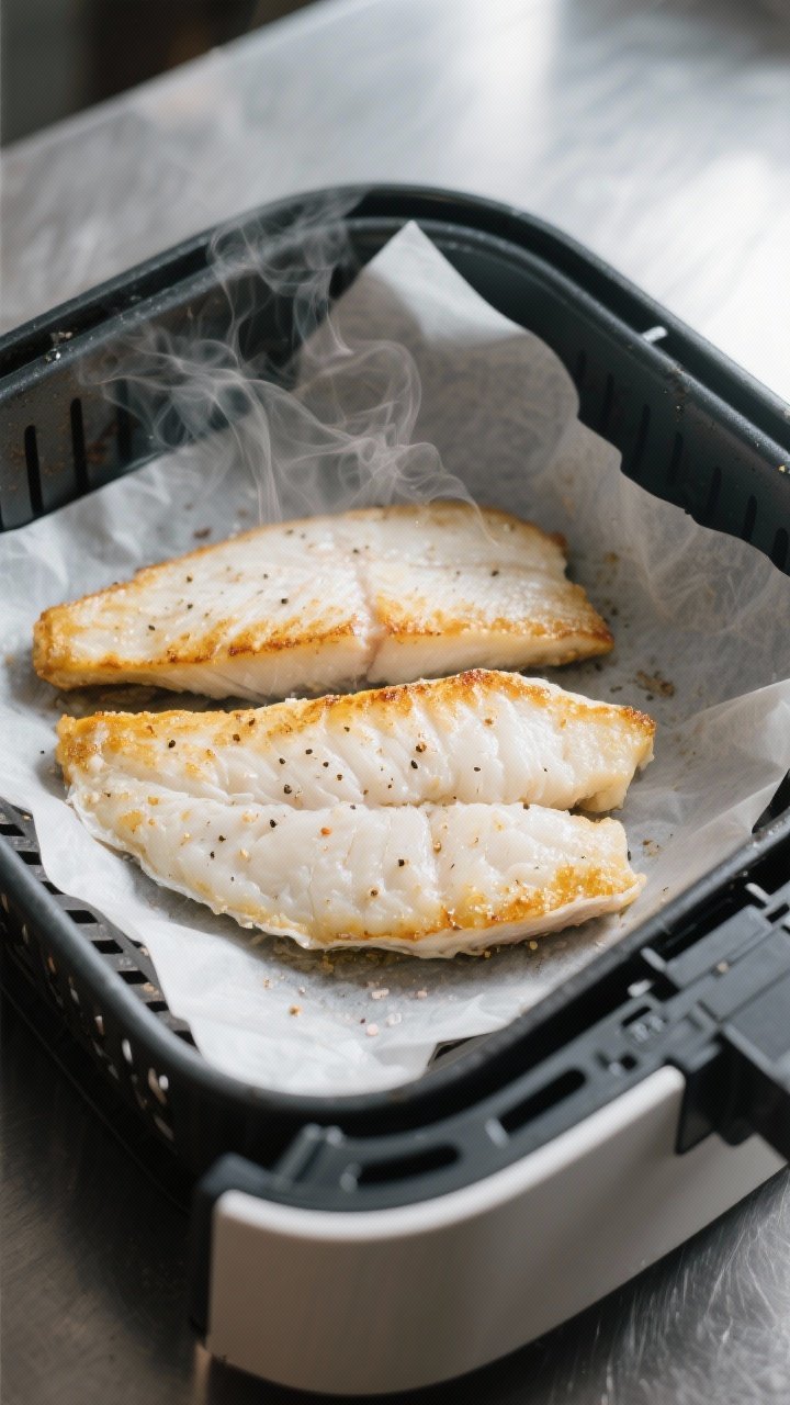 Cooking process: Air fryer fish fillets just finished cooking in a preheated basket at 375°F, golde