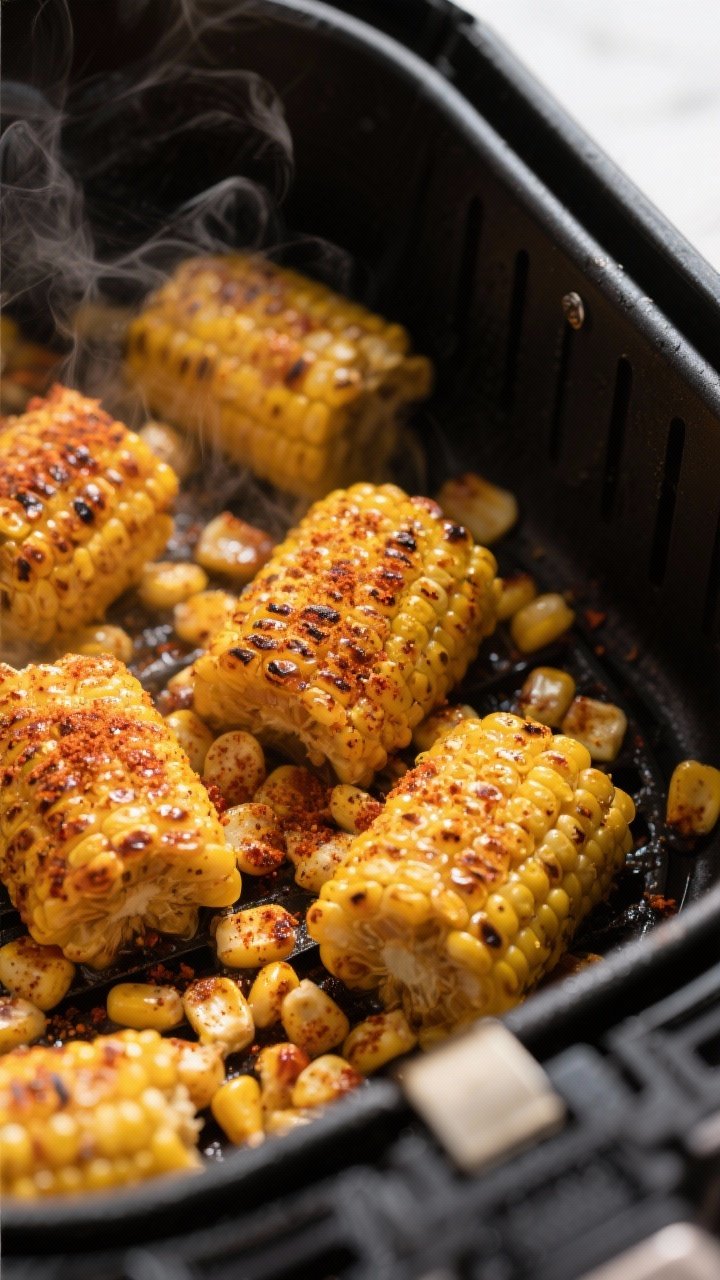 Close-up of air fryer loaded corn as a side for crispy chicken