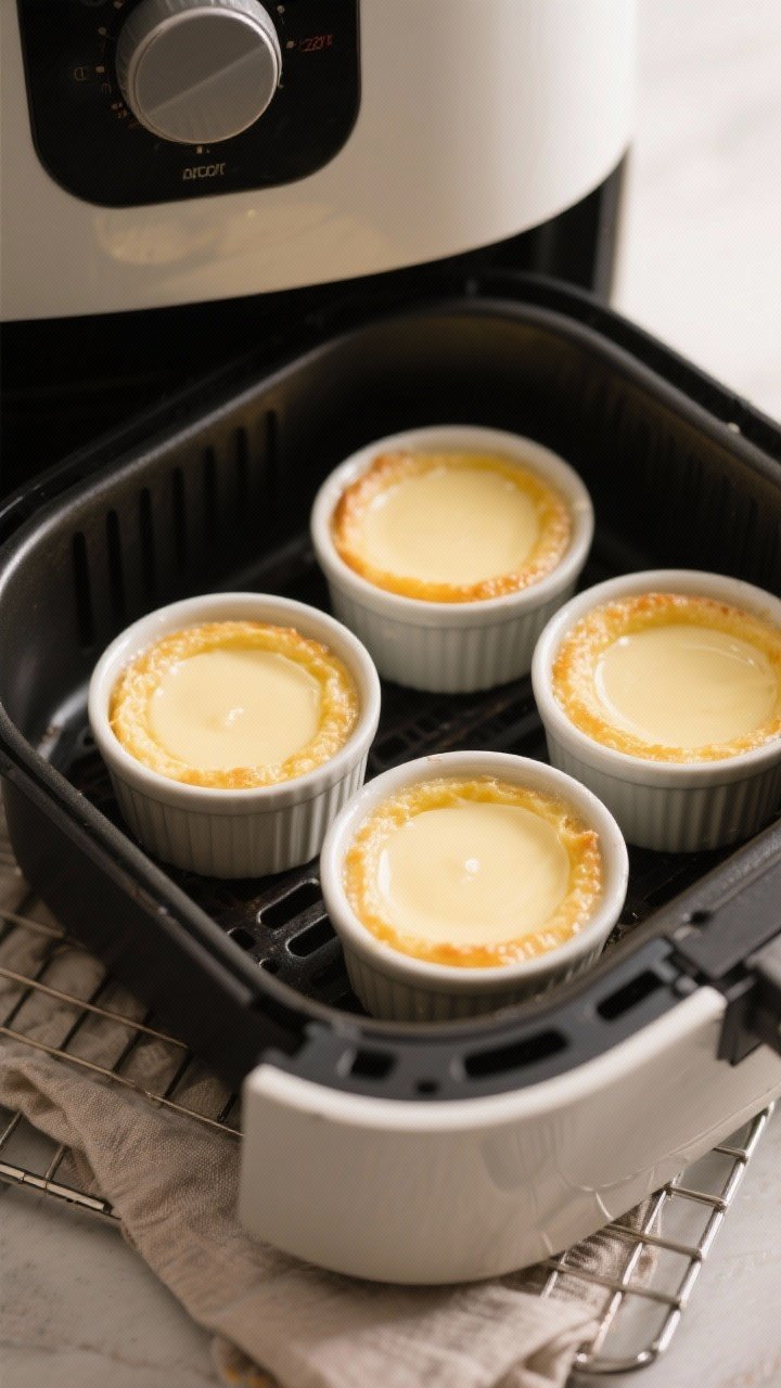 Cooking process – Air fryer ramekins: Four small buttered ramekins filled with pale citrus-butterm