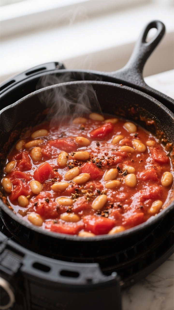 Cooking process: Air fryer-safe 9-inch skillet filled with simmering tomato-bean sauce, visibly thic