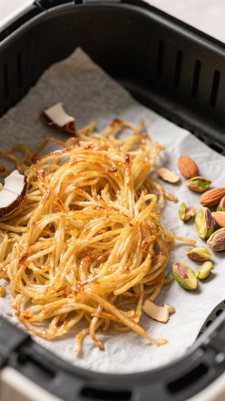 Cooking process – Air fryer toasting: Close-up of golden, butter‑glossed vermicelli strands just