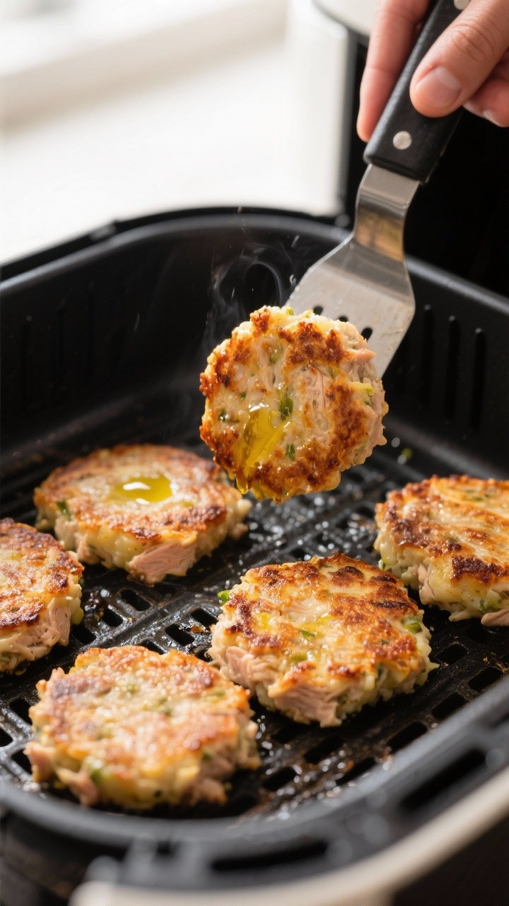 Cooking process: Air fryer tray with neatly spaced tuna–potato patties mid-cook, tops lightly mist