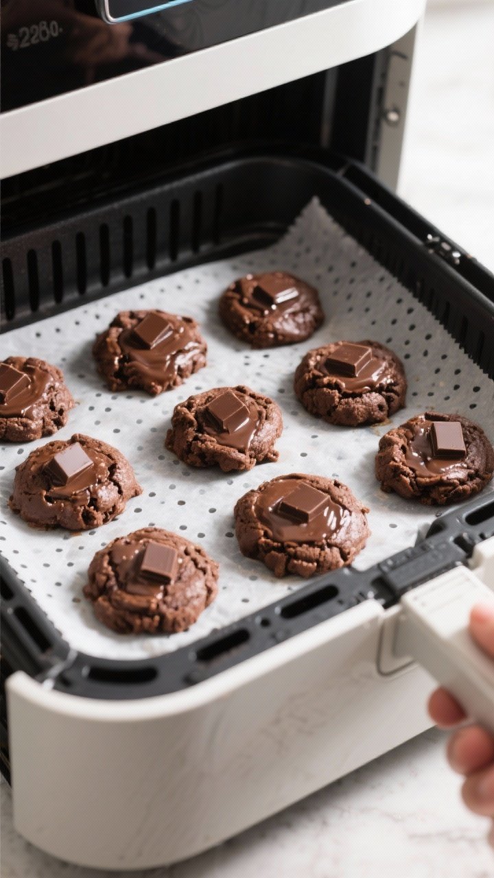 Cooking process: Air Fryer Triple-Choc Cookies mid-bake in a perforated parchment-lined basket at 32