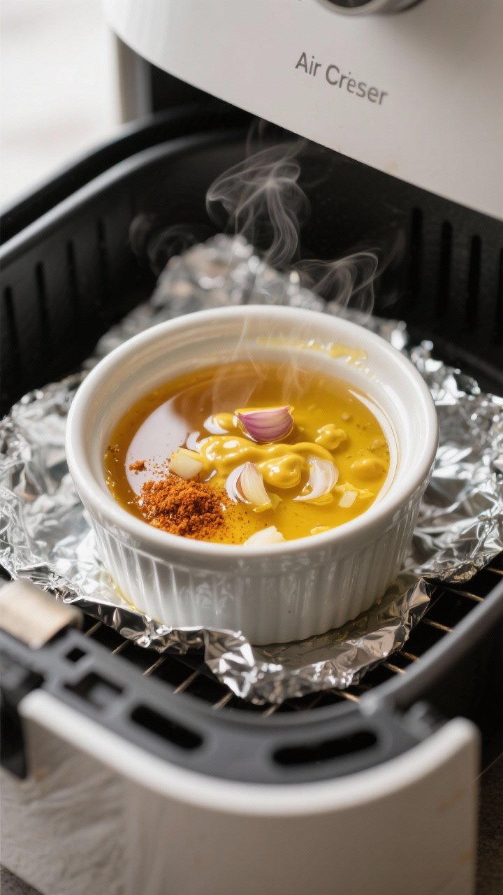 Cooking process — Air fryer warm-up: A small oven-safe ramekin inside an air fryer basket lined wi