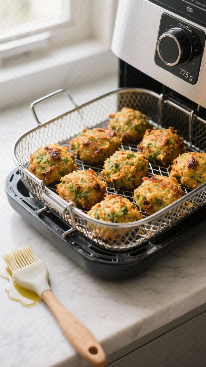 Cooking process: Bhaji mounds mid-cook in an open air fryer basket at 375°F, evenly spaced for airf