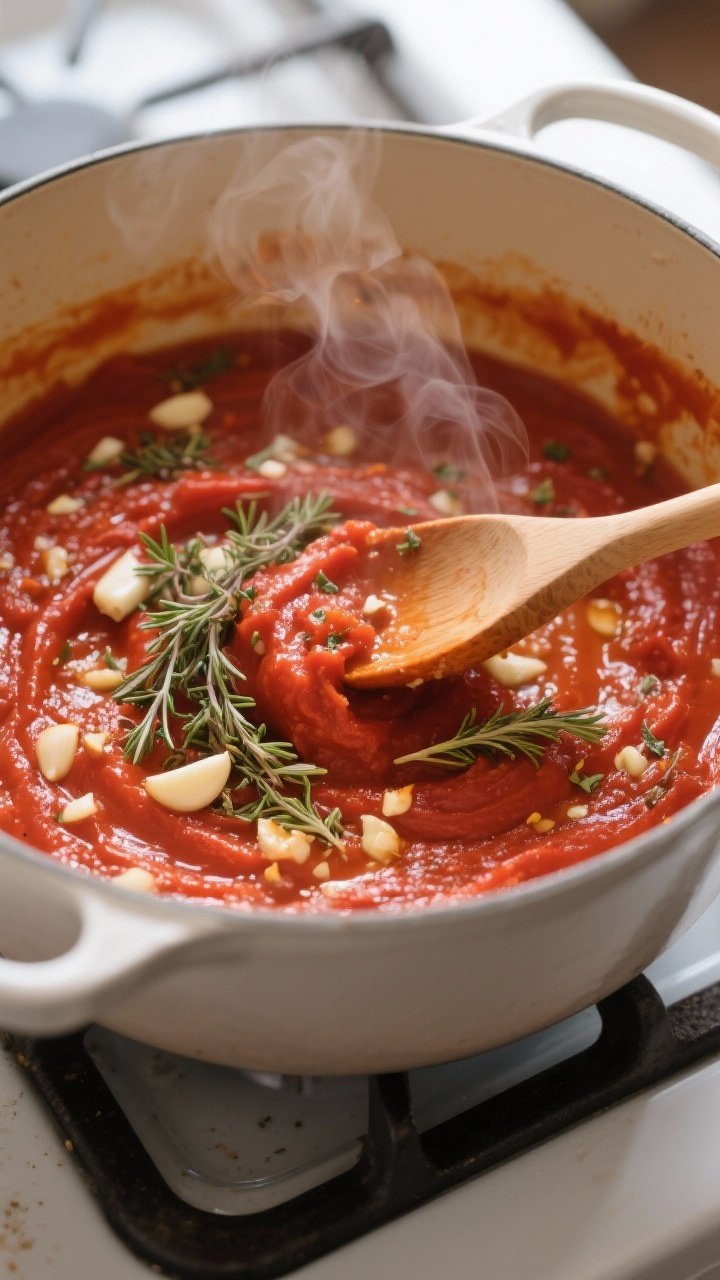 Cooking process: Blooming aromatics in a Dutch oven—tomato paste sizzling with minced garlic, drie