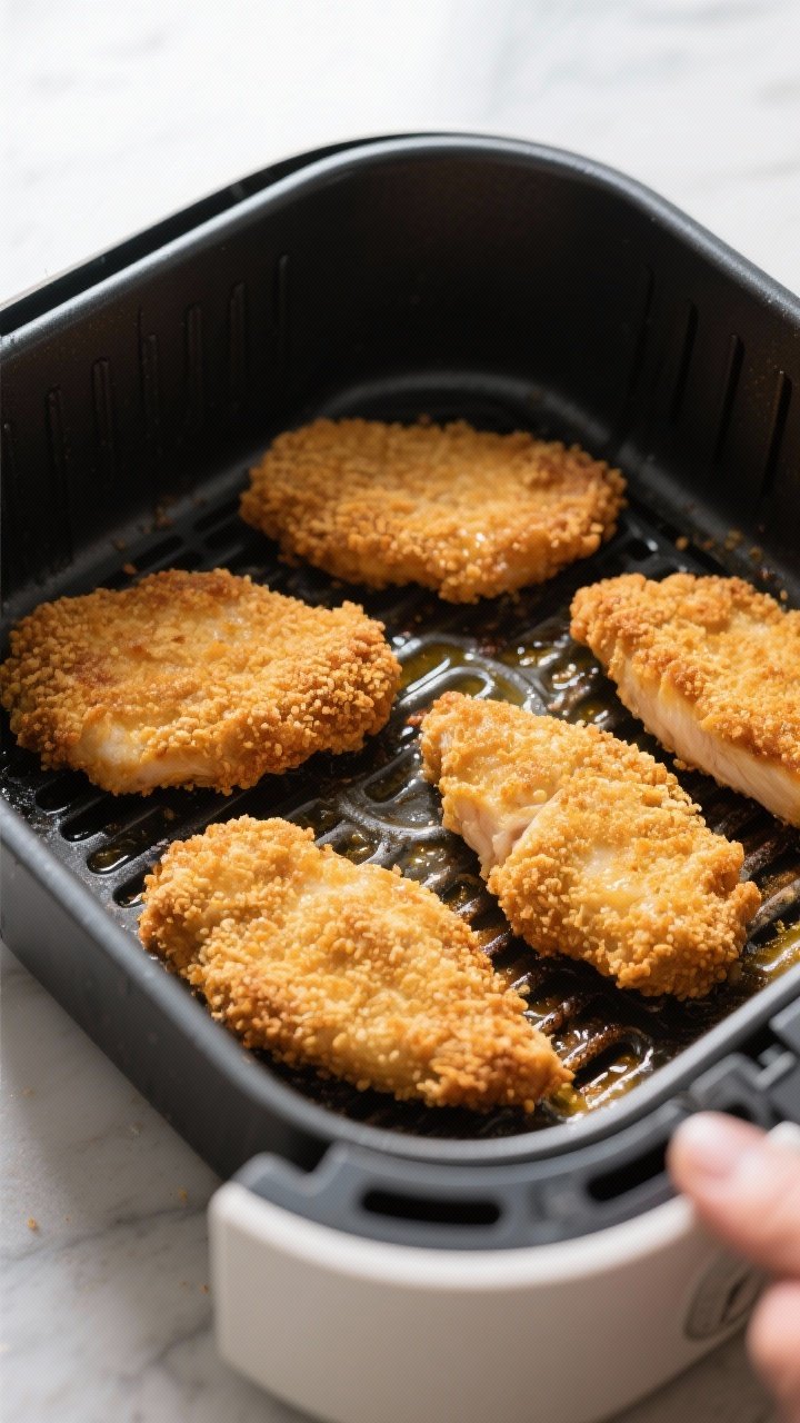 Cooking process: Breaded chicken cutlets in a preheated air fryer basket mid-cook at 390°F, flipped