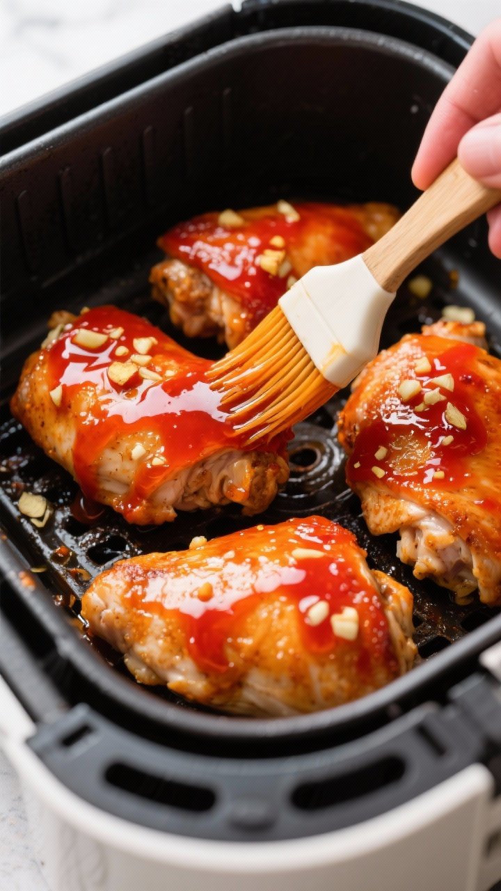 Cooking process: Brushing glossy honey Sriracha glaze onto fully cooked chicken thighs in the air fr