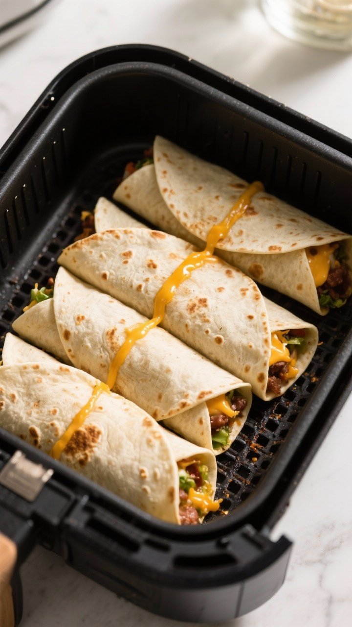Cooking process: Burritos arranged seam-side down in an air fryer basket at 375°F, tortillas lightl