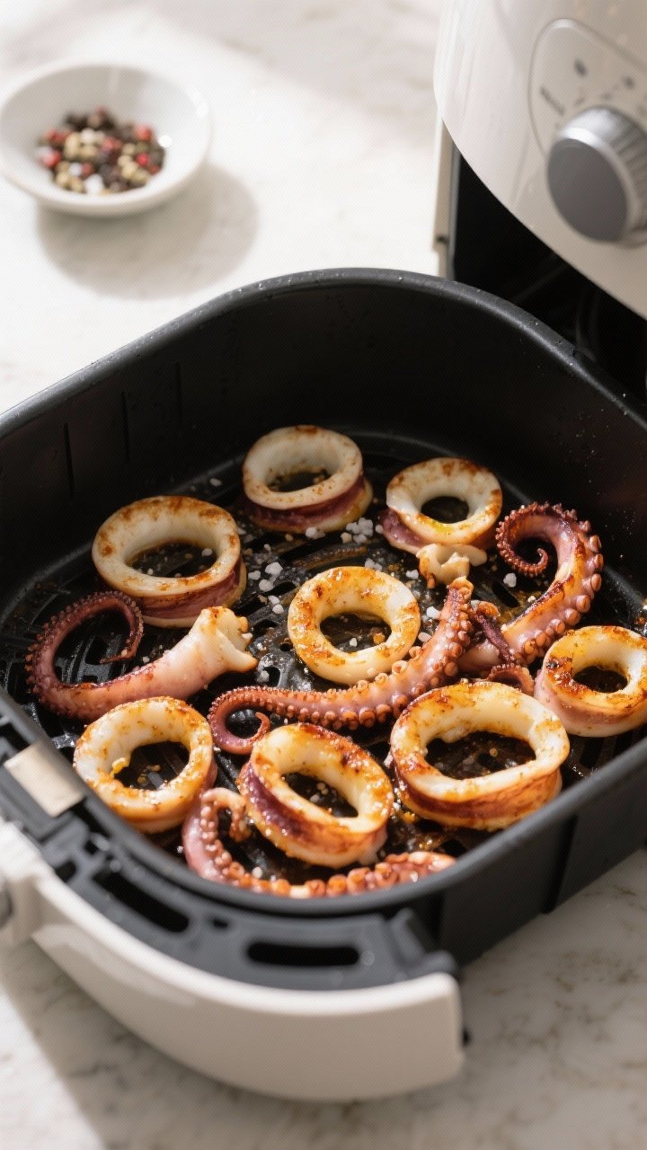 Cooking process: Calamari in a single, uncrowded layer inside the air fryer mid-cook at the shake st
