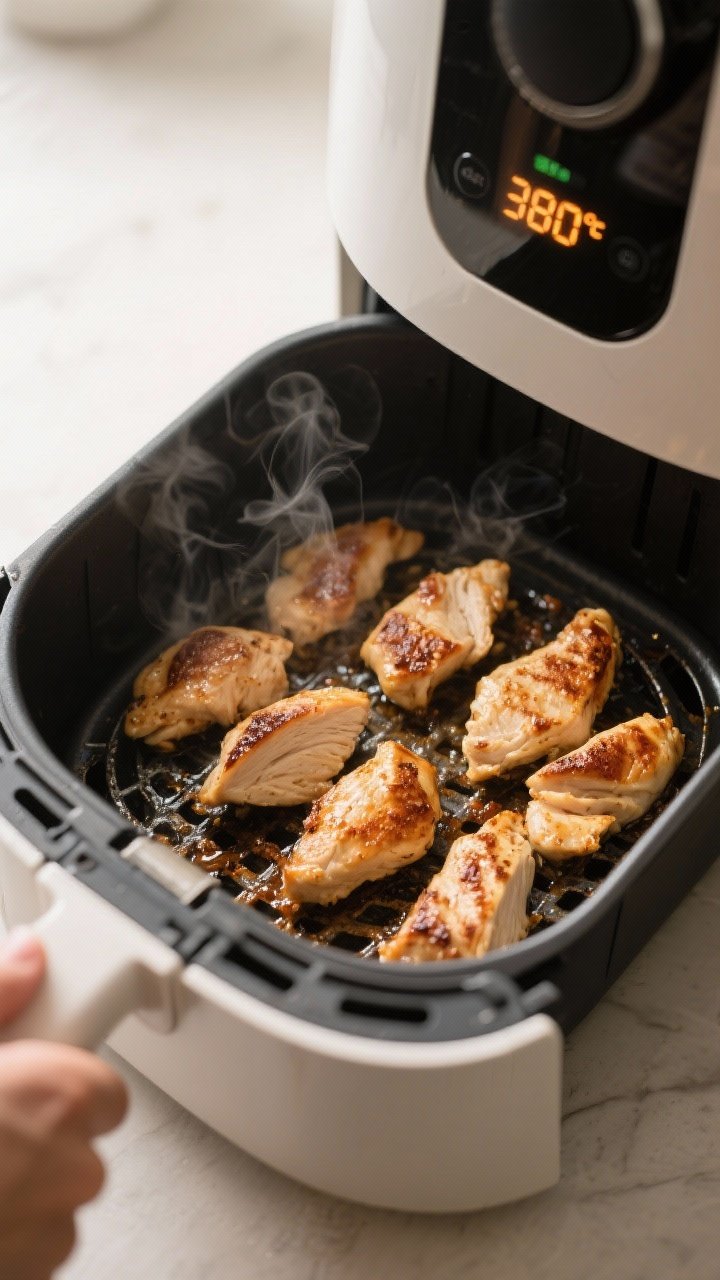 Cooking process: Chicken shawarma pieces in an air fryer basket arranged in a single layer, mid-cook