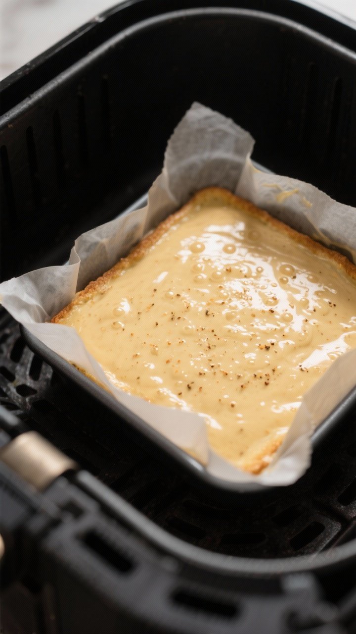 Cooking process close-up: A small parchment-lined square pan inside an air fryer basket at 320°F, b