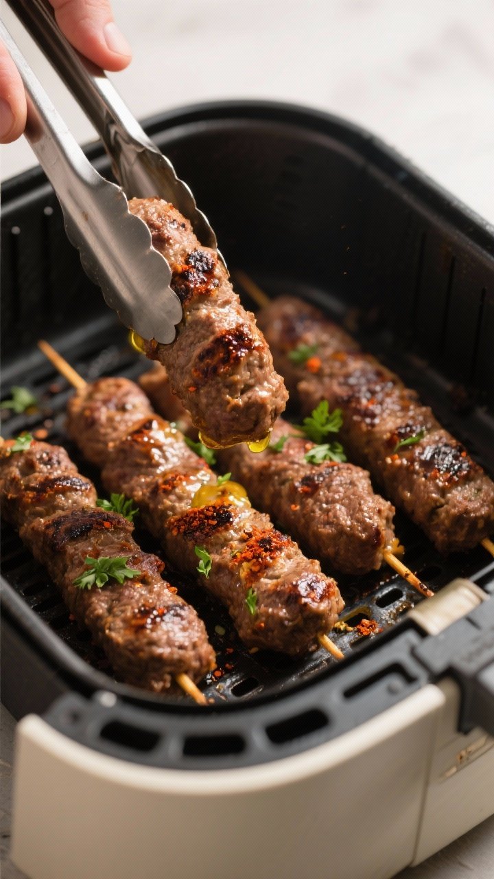 Cooking process close-up: Air-fried beef kofta kebabs midway through cooking at 375°F, arranged in 