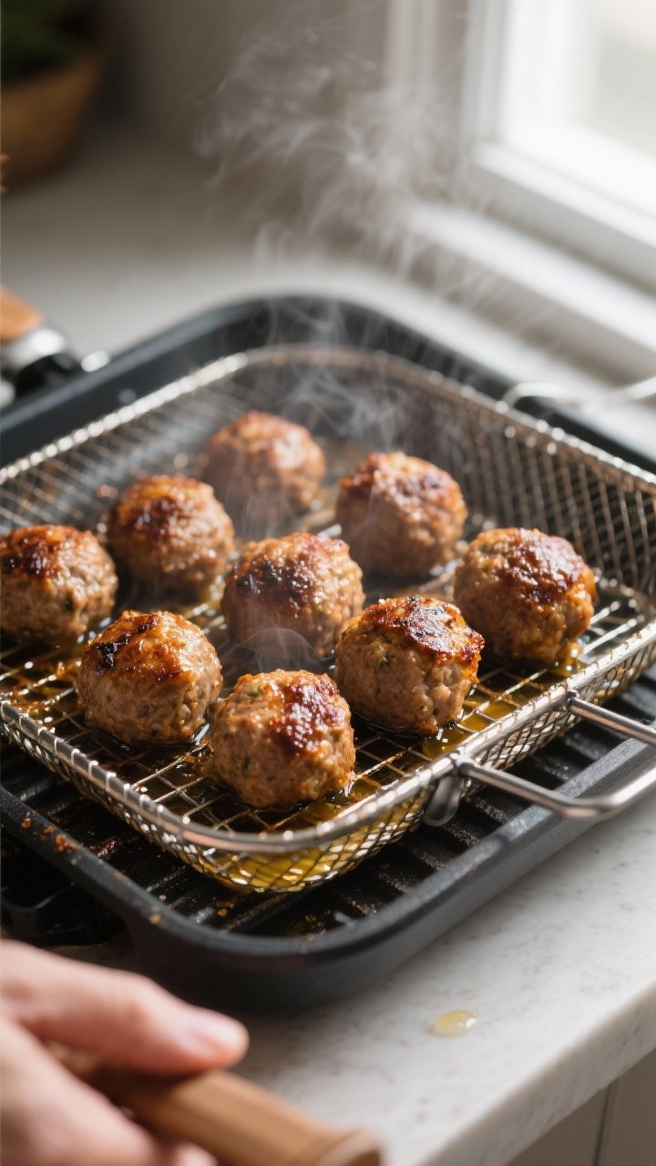Cooking process close-up: Air-fried Swedish meatballs just finished in the basket at 380°F, evenly