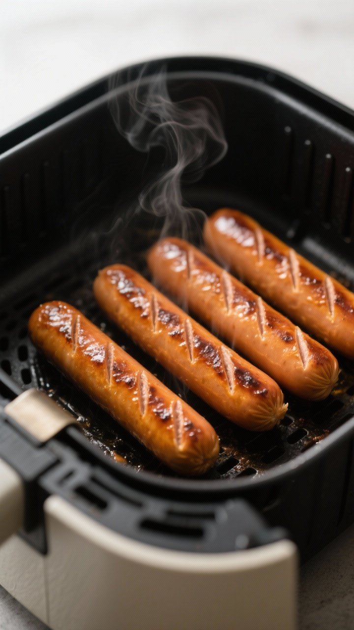 Cooking process close-up: Air fryer basket at 390°F with four hot dogs arranged in a single layer, 