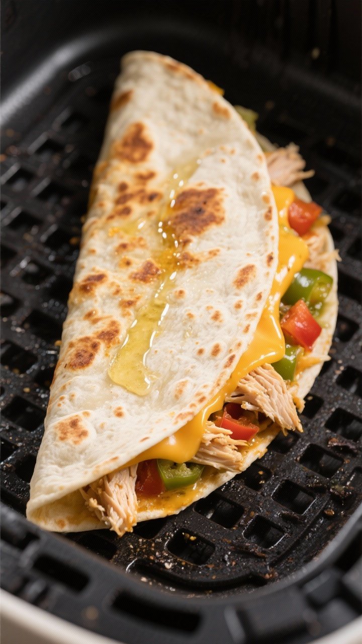 Cooking process close-up: Folded chicken quesadilla in an air fryer basket at 375°F, first side tur