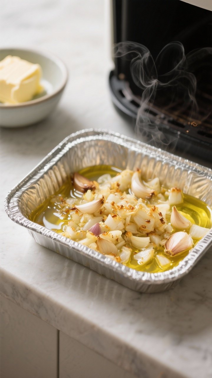 Cooking process — Close-up of air-fried aromatics: a small foil-lined tray just pulled from the ai