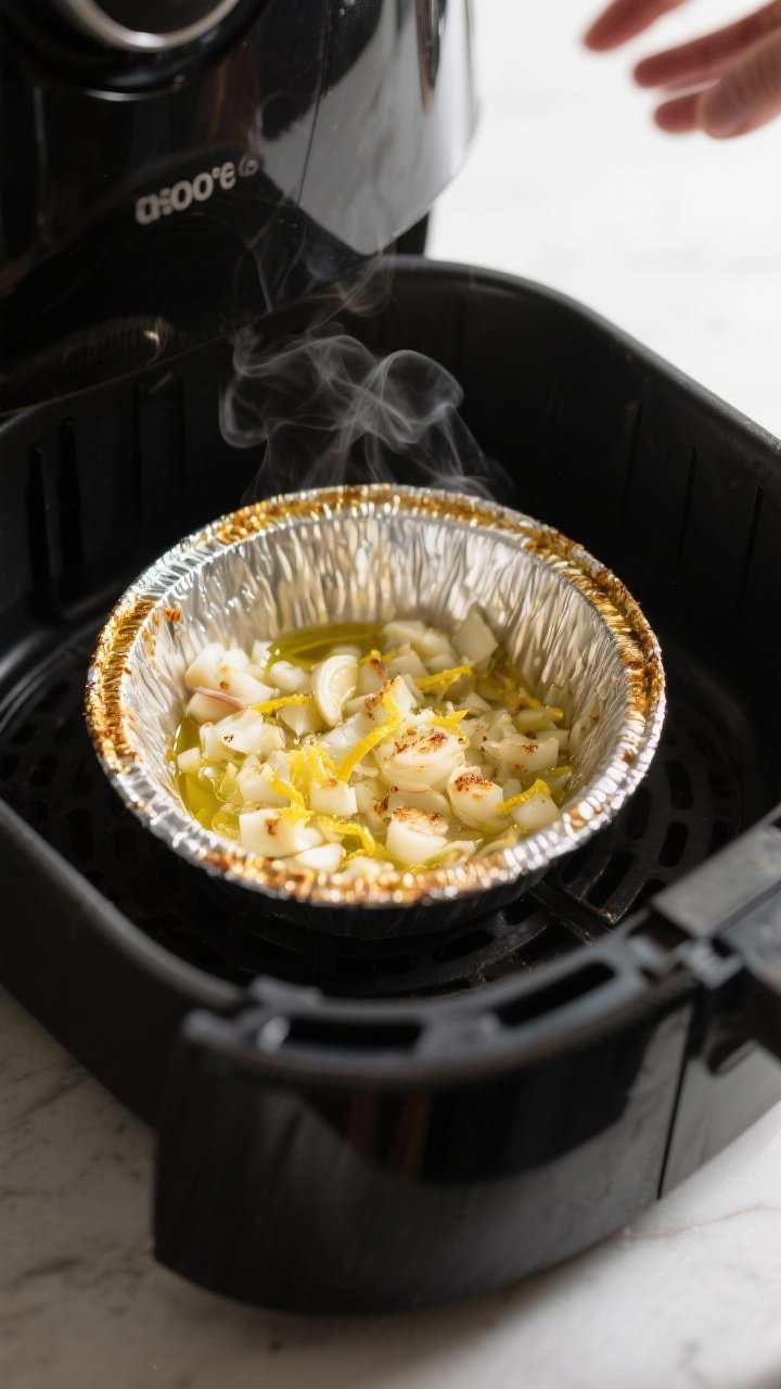 Cooking process – Close-up of minced garlic and lemon zest lightly toasted in a small foil boat in
