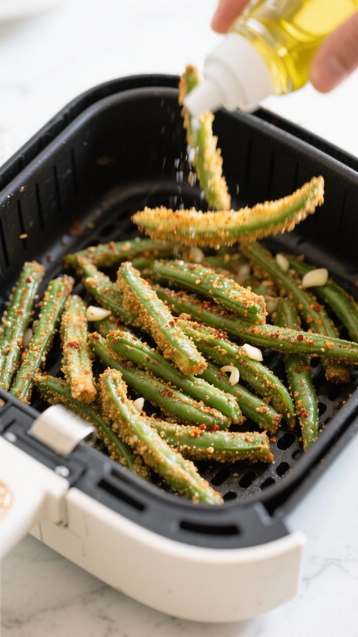 Cooking process: Coated green bean fries arranged in a single, spaced layer in a preheated air fryer