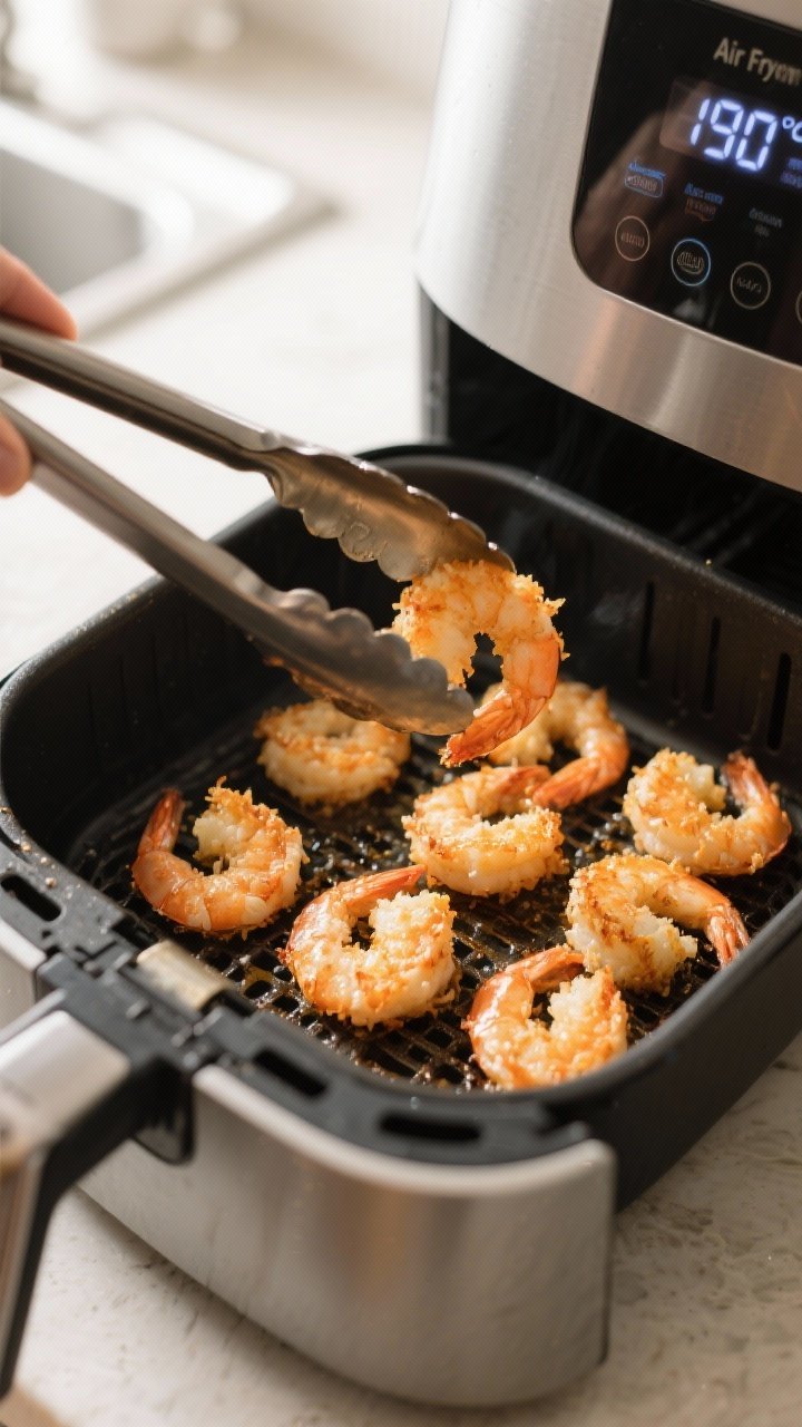 Cooking process: Coconut shrimp arranged in a single layer in an open air fryer basket mid-cook, bei