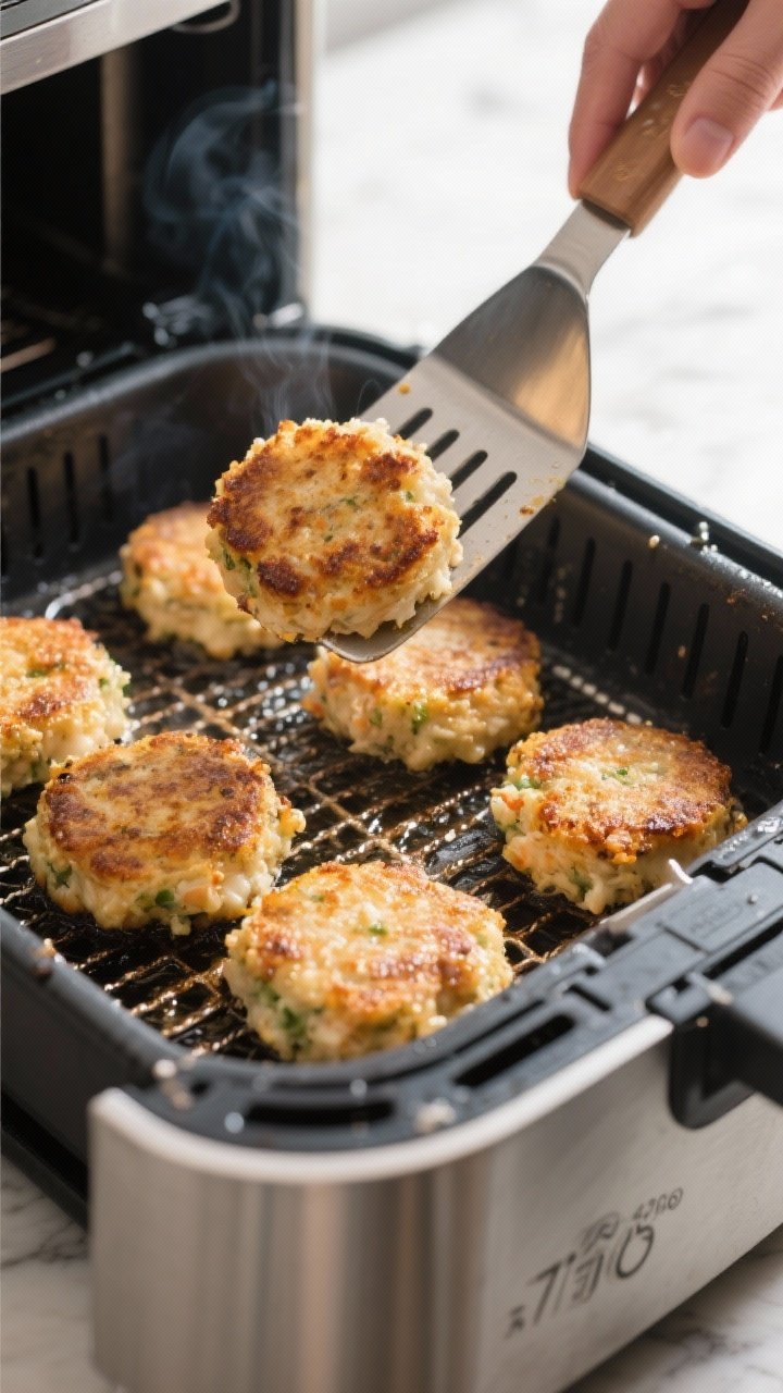 Cooking process: Crab cakes mid-cook in an open air fryer basket at 375°F, arranged in a single lay