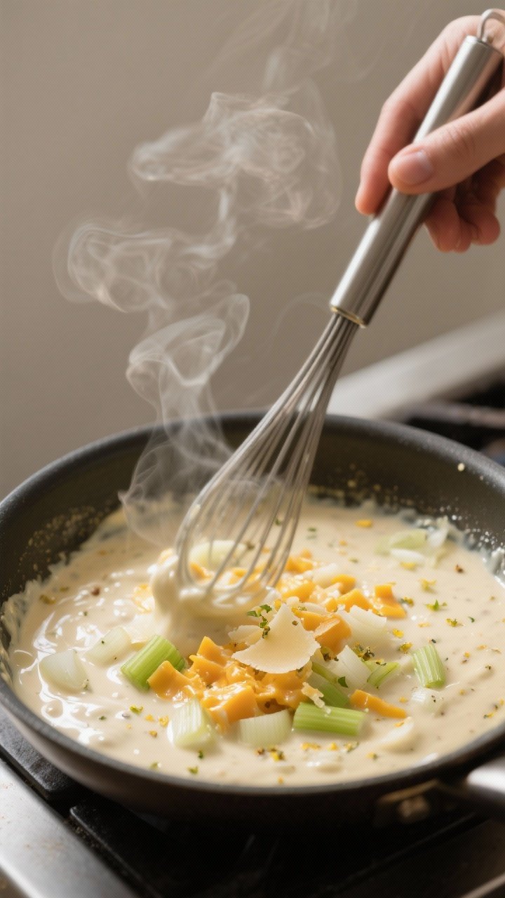 Cooking process — creamy sauce stage: Close-up of a skillet with the glossy, thickened cream sauce