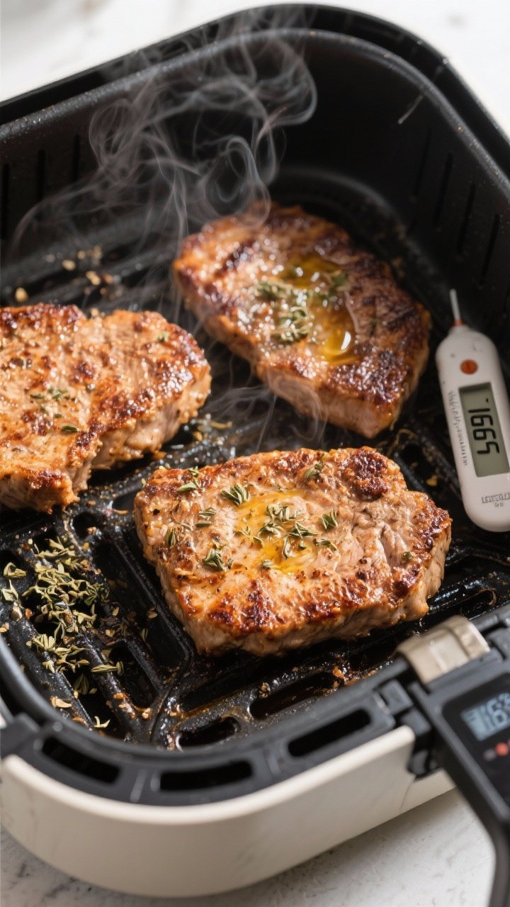 Cooking process: Cutlets in an air fryer basket mid-cook, flipped halfway, showing even browning and