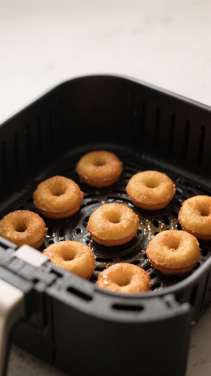 Cooking process: Donut holes in an air fryer basket mid-cook at 350°F, arranged in a single layer w