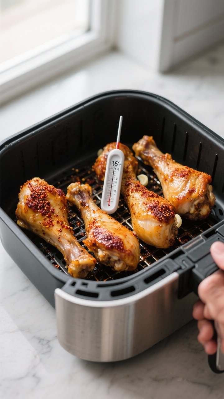 Cooking process: Drumsticks arranged in a single layer inside an open air fryer basket, evenly space