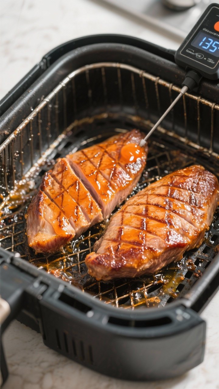 Cooking process: Duck breasts in an open air fryer basket, skin side up after flipping, a thin layer