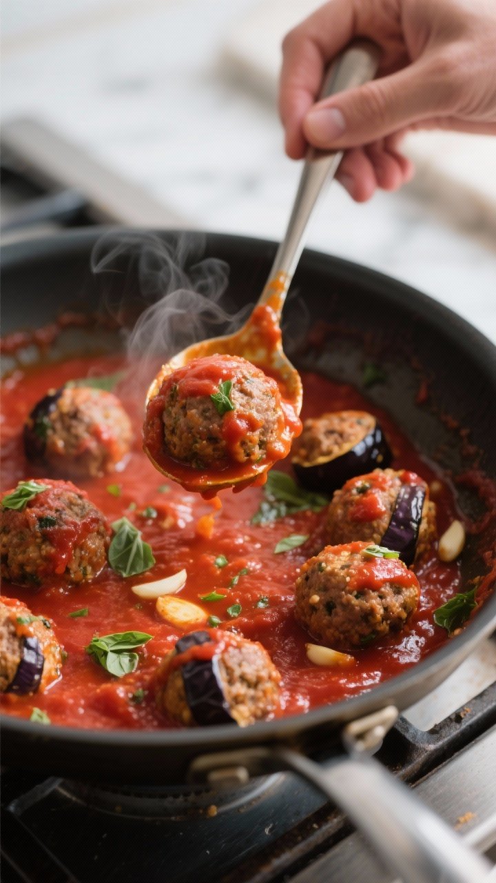 Cooking process: Eggplant parm “meatballs” being gently tossed and coated in a simmering skillet