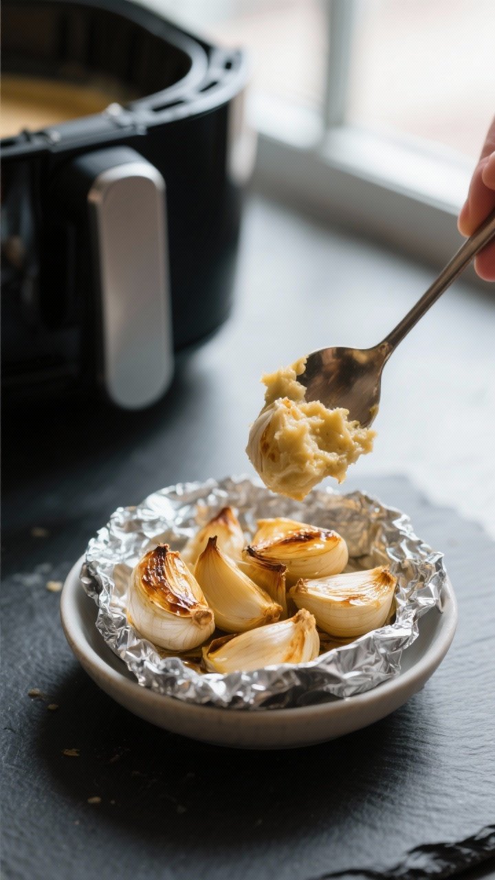 Cooking process: Foil-wrapped roasted garlic just unwrapped after air frying, cloves pressed out and