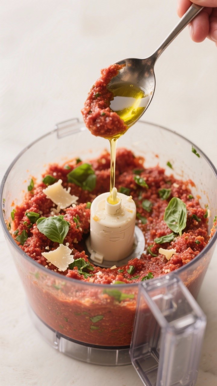 Cooking process: Food processor bowl filled with vibrant pesto rosso mid-blend—coarse, ruby-red pa