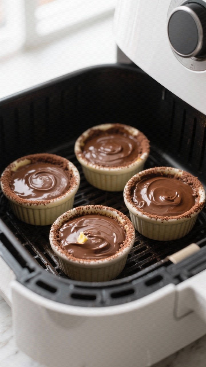 Cooking process: Four cocoa-dusted, buttered ramekins filled 3/4 full with smooth, glossy chocolate 