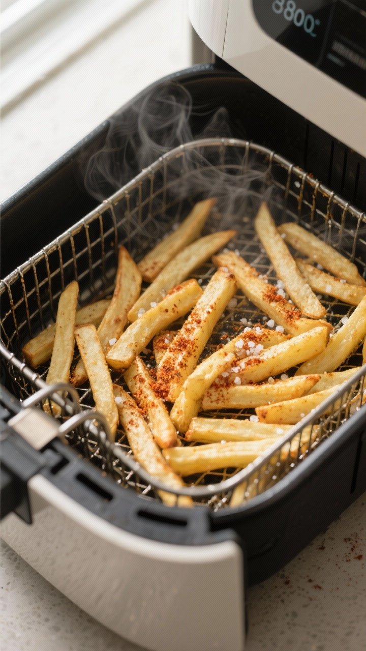 Cooking process: Fries in an open air fryer basket mid-cook at 380°F, arranged in a single layer wi