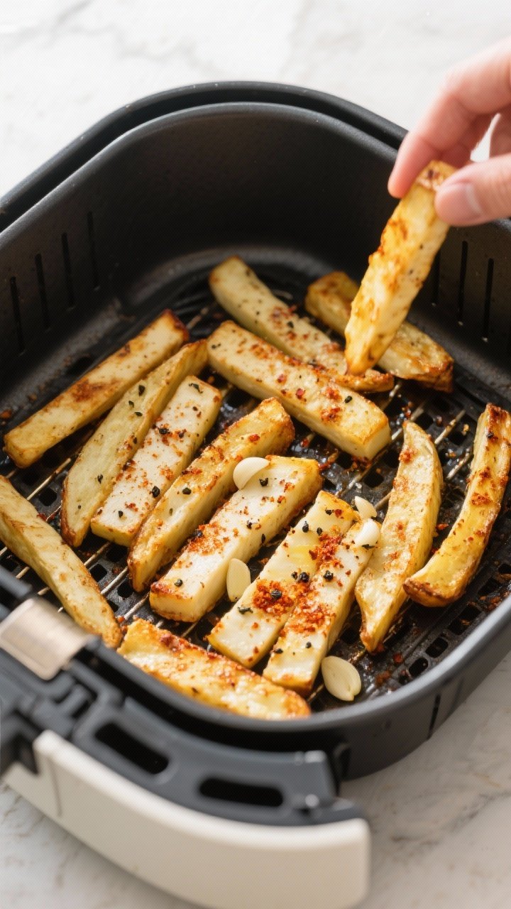 Cooking process: Halloumi fries arranged in a single layer inside an air fryer basket, evenly spaced