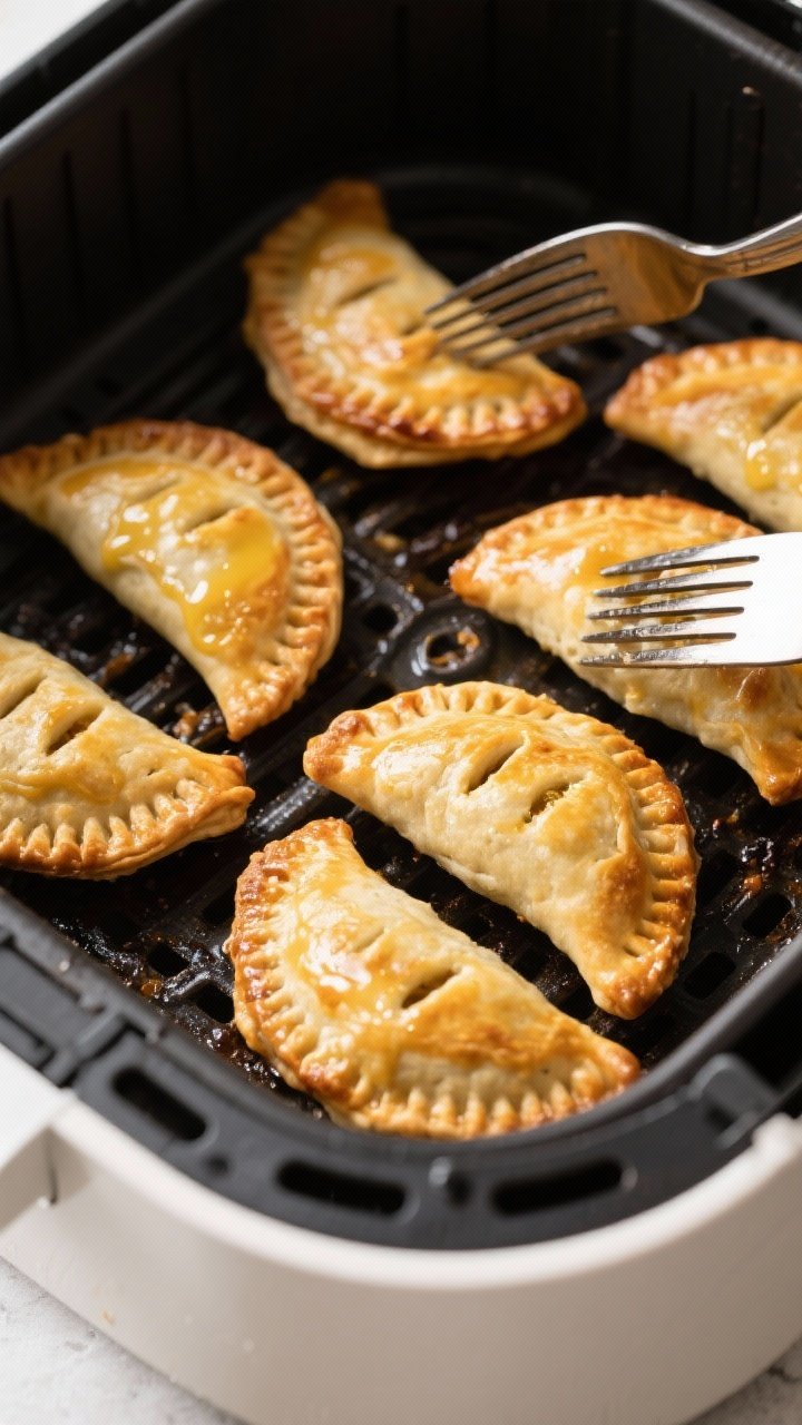 Cooking process: Hand pies arranged in a single layer inside an air fryer basket mid-cook at 350°F,