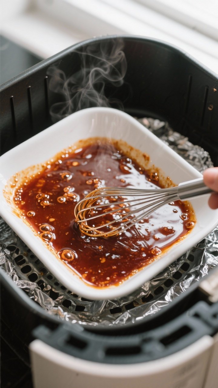Cooking process: Heat-safe shallow dish inside an air fryer basket at 300°F, glossy Korean BBQ sauc