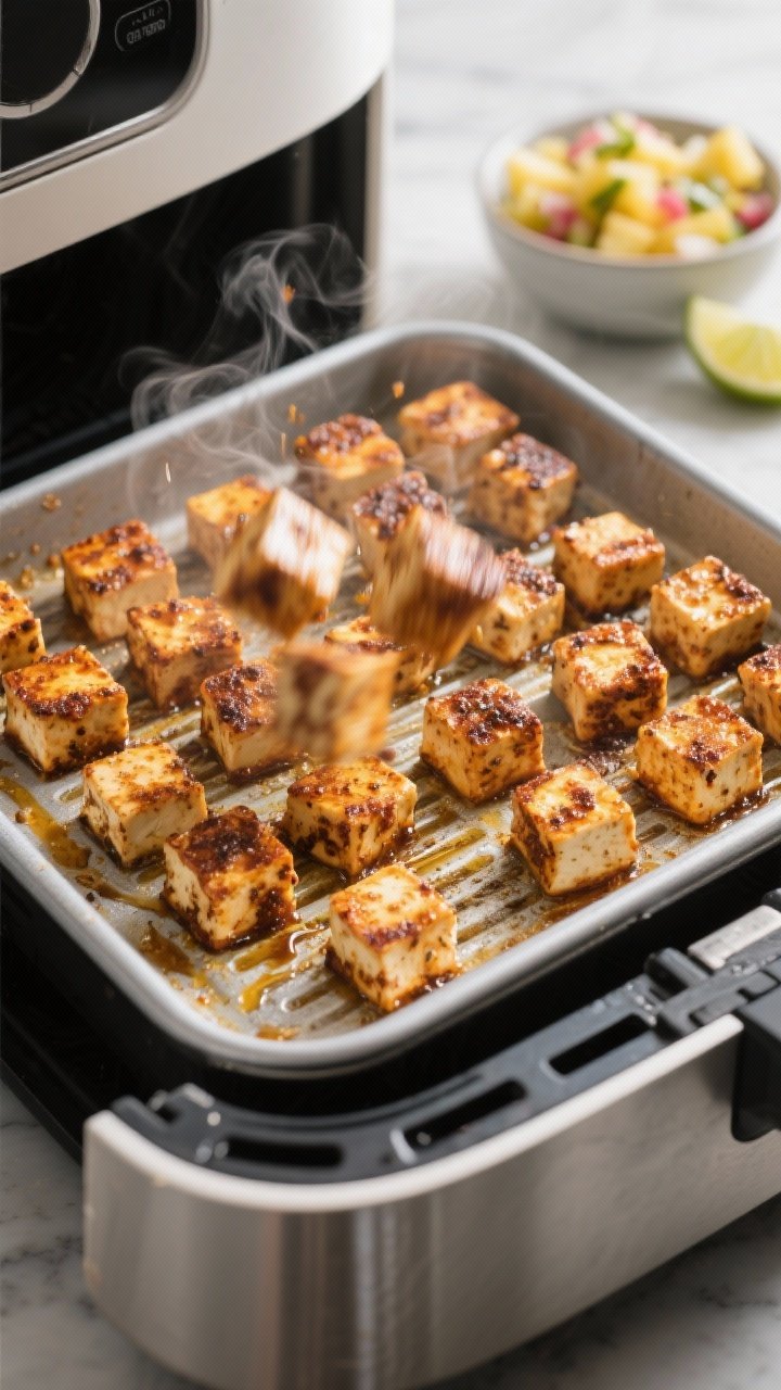 Cooking process: Jerk-marinated tofu cubes mid-cook in an air fryer tray, evenly spaced for airflow,