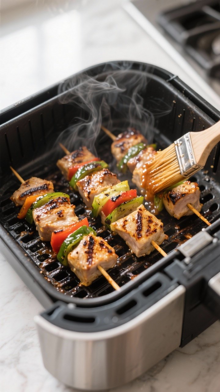 Cooking process: Kebabs arranged in a single layer inside an open air fryer basket at 400°F, mid-co